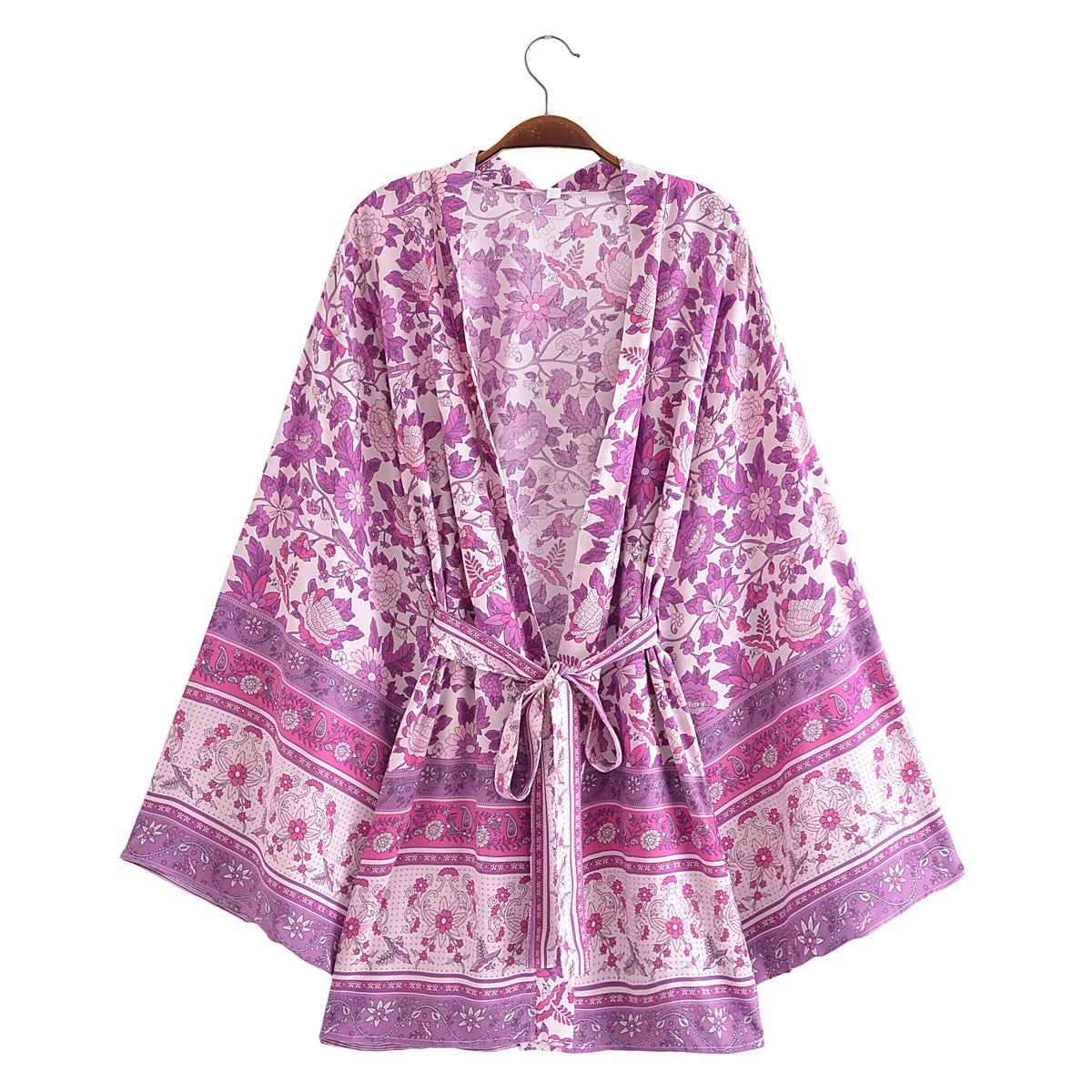 BOHO Women Blue With Pink Flower Print Kimono Shirt Holiday Tide Bow Sashes Mid Long Cardigan Summer Blouse Beach Cape