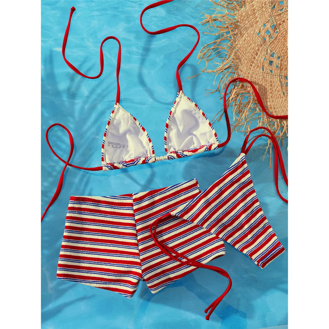 S - XL With Shorts Striped Halter Bikini Women Swimwear Female Swimsuit Three-Pieces Bikini Set Bather Bathing Suit Swim V8130