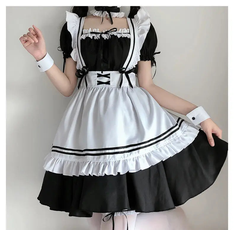 Halloween Maid Set Waiter's Cute Dress Men's Women's Costume Big Character Black and White Style Plus Size Short Sleeved Dress