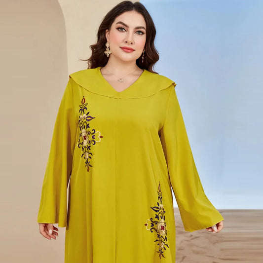 Long Sleeves Embroidered Abayas for Women Loose Casual Dress Plus-size Women's Dress Temperament Printed Muslim Dress Streetwear