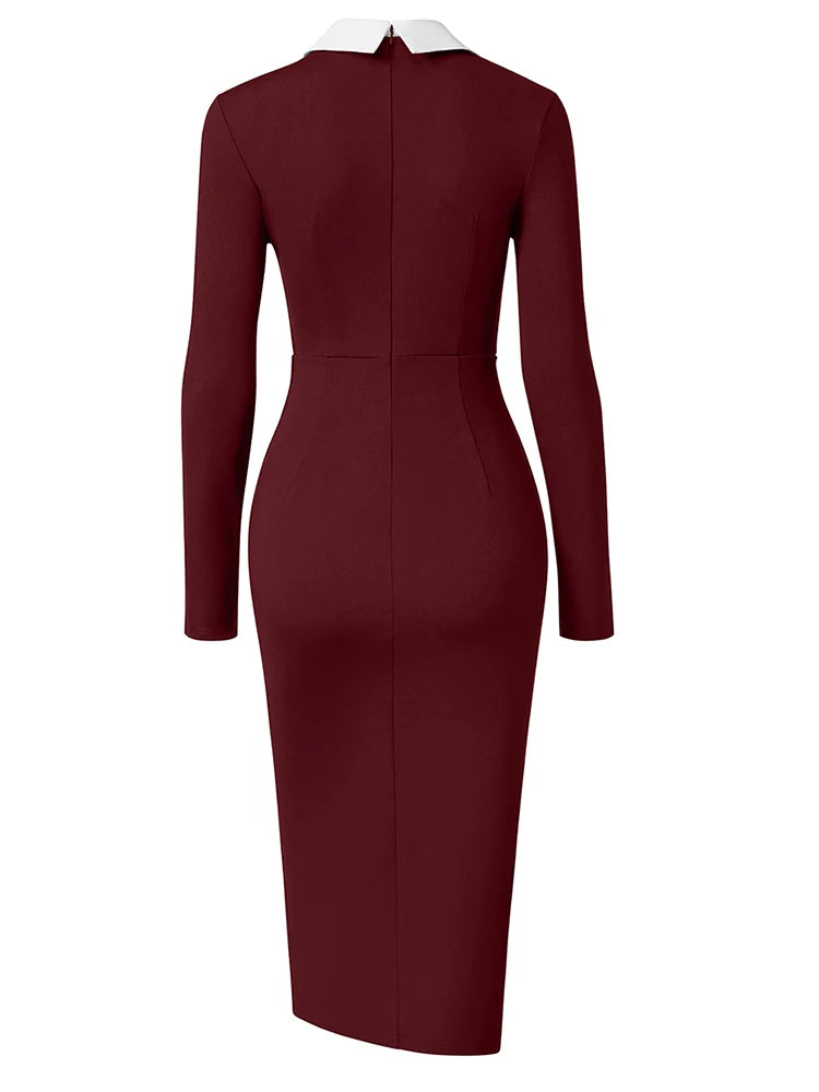 Elegant Fashion Women's Pencil Dress Polo Collar Design Professional Long Sleeved Solid Color Office Lady Dress