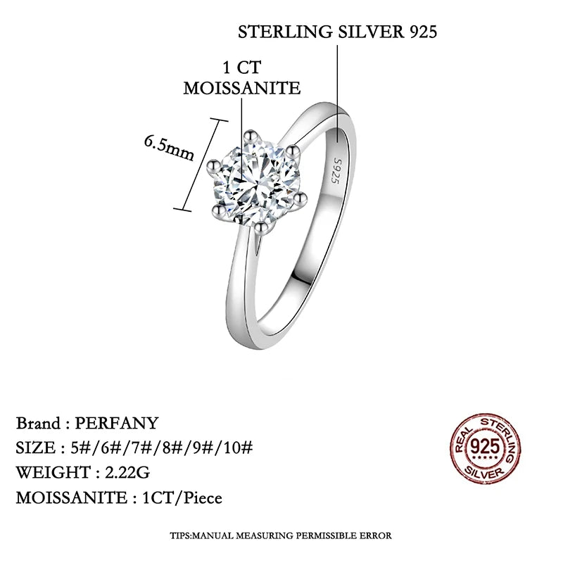 PERMANY 0.3-2CT Moissanite Ring for Women S925 Pure Silver Classic Six Claw Laboratory Diamond Wedding Ring Fashion Jewelry