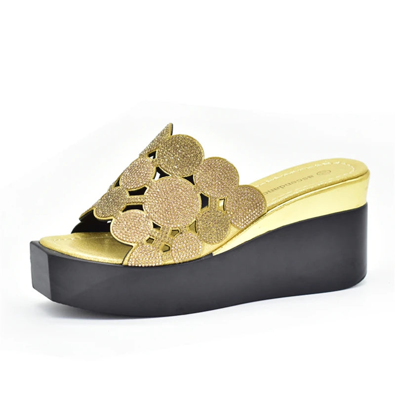 New Fashion Lady Shoes with Rhinestone Crystal Design Open Toe Sexy Nigerian Ladies Shoes Party Wedding Shoes Slippers Pumps