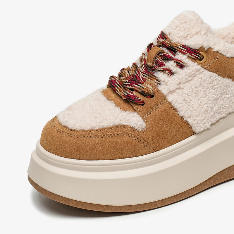 BEAUTODAY Fury Sneakers Women Cow Suede Leather Round Toe Lace-up Closure Platform Shoes Ladies Winter Warm Flats Handmade 29787