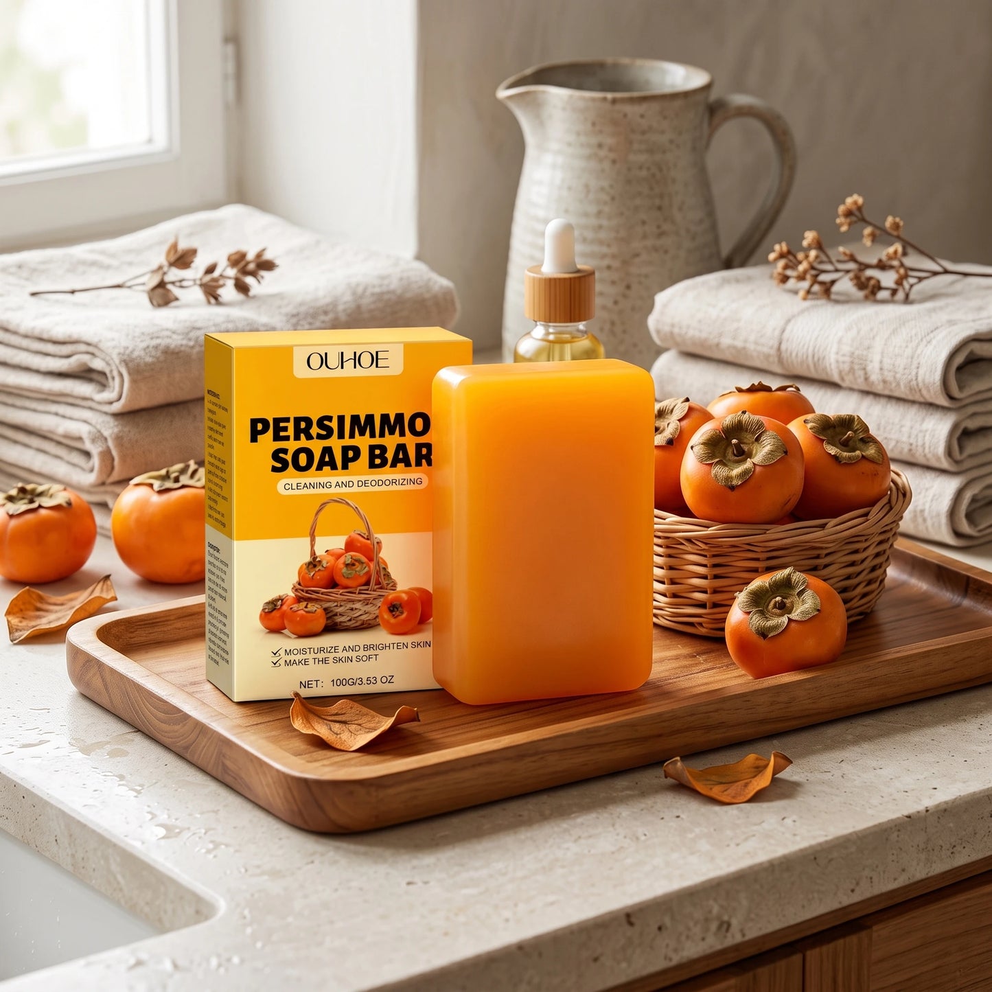 Persimmon Soap Bar Odor Removal Bath Bar Natural Deodorizing Body Cleansing Soap Soften Rough Skin Moisturizing Bath Soap