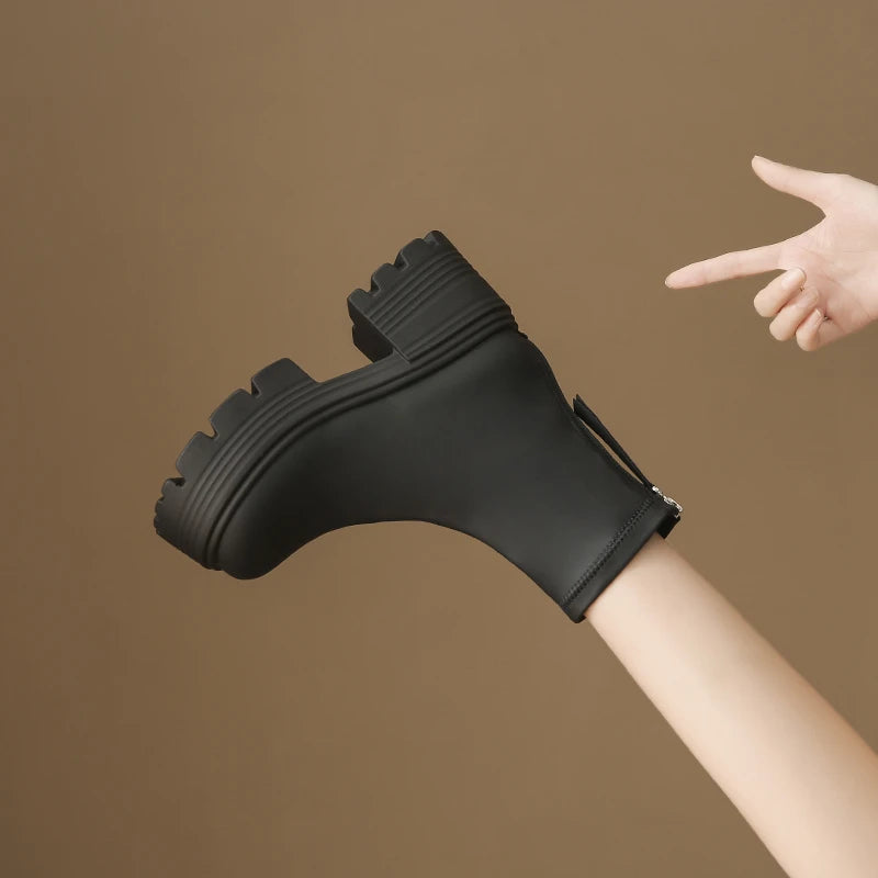 8CM Autumn Chunky Boots High Platform Leather Sneakers Women Round Toe Chelsea Boots British Style Thick Sole Female Ankle Shoes