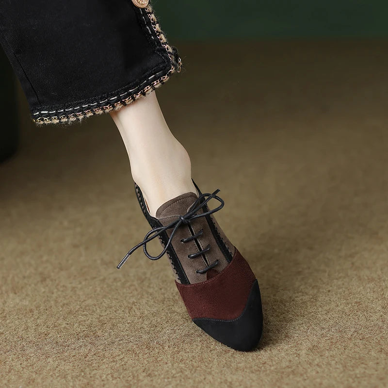 2025 New Spring Autumn Retro Mature Women Pumps Office Ladies High-heeled Lace-Up Genuine Leather Suede Shoes Woman High Quality