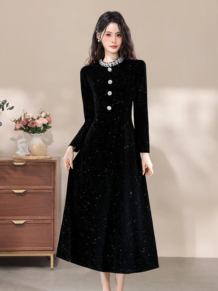 Formal Occasion Black Shiny Slim Long Evening Dress Women Clothes Elegant Luxury Lady Fashion Party Prom Birthday Vestids Retro