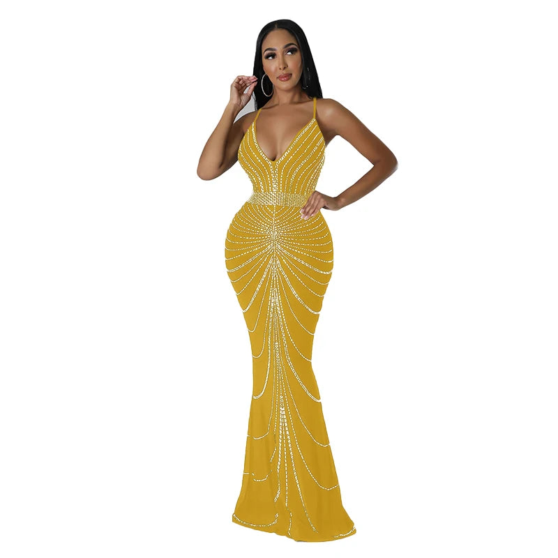 Sparkling Solid Color Hot Diamond Sheer Mesh Long Skirt, Elegant and Luxurious Spring Women's Cocktail Dress, Celebrity Clothing