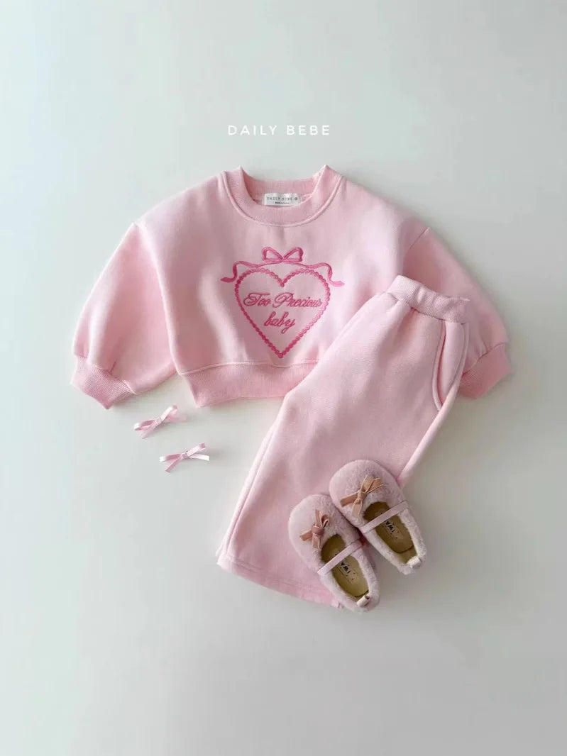 2025 Spring New Children Long Sleeve Clothes Set Baby Girls Heart Embroidery Sweatshirt + Pants 2pcs Suit Kids Sports Outfits
