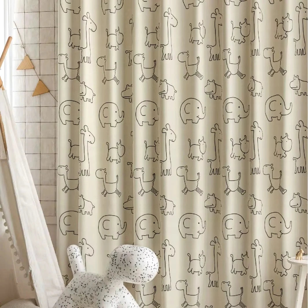 Cartoon Animals Pattern Semi-Blackout Curtains for Kids Bedroom, Beige Window Treatment Drapes for Boy Girl Window Nursery Room