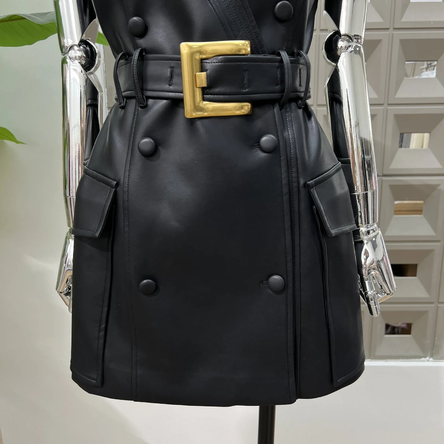 DFDG 2025 Women’s V-Neck Wide Shoulder Overlap Placket Double Breasted PU Leather Bodycon Dress Unique Design Cocktail Dress