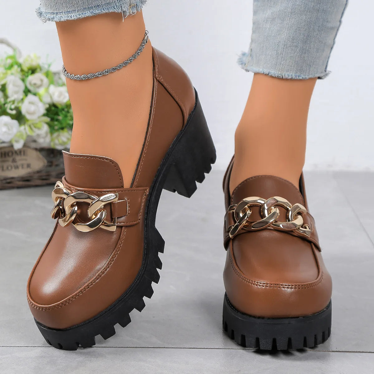 Women's Large Size Thick Heel Slip-On round Toe Leather Shoes Spring Autumn New Style Korean Style PU Leather Mid Heel
