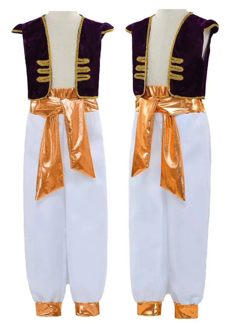 Boys  Arabian Prince Costumes Suit Halloween Party Stage Performance Outfits Kids Vest Pants Belt Street Wear Clothes