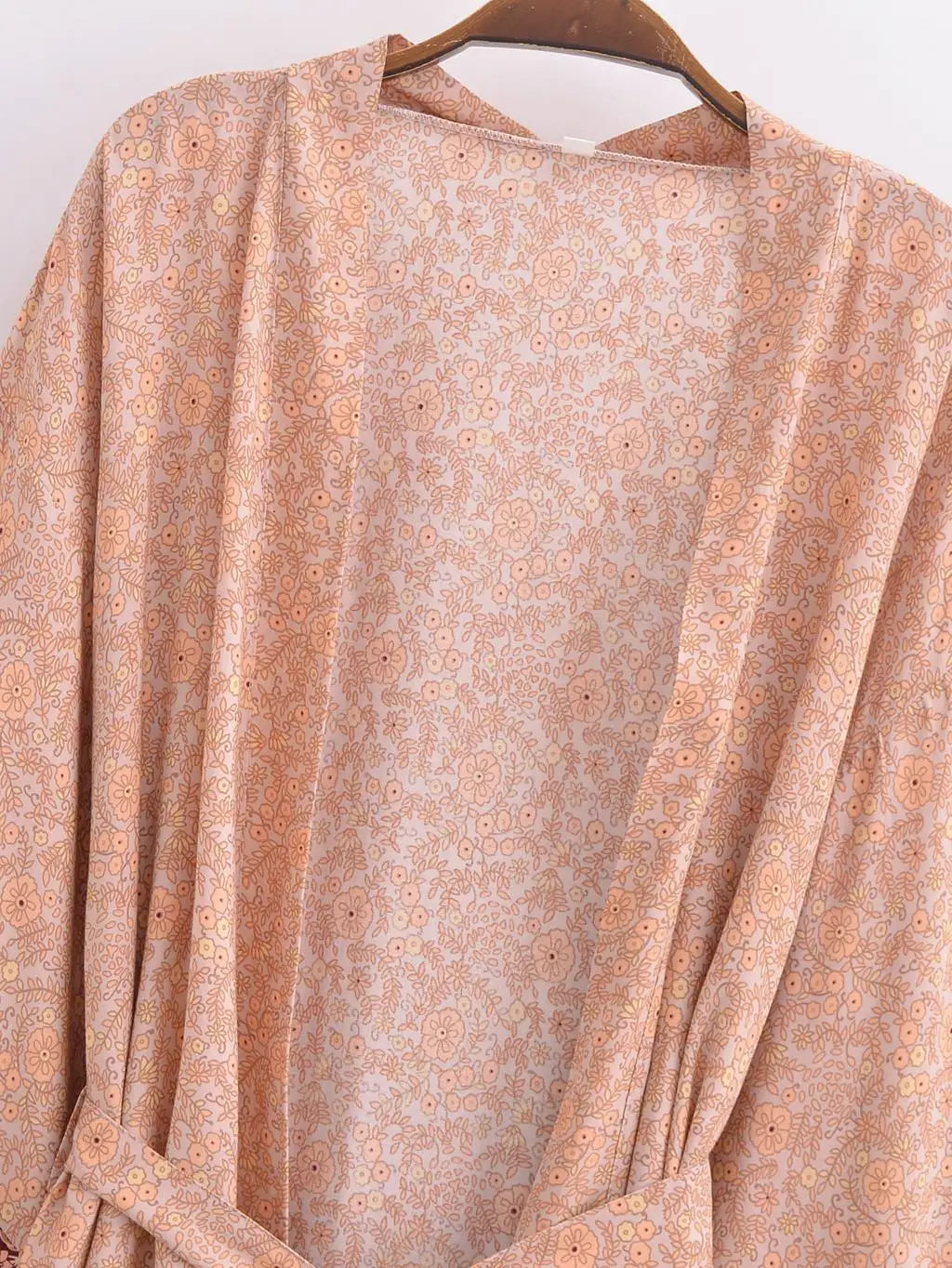 BOHO Women Blue With Pink Flower Print Kimono Shirt Holiday Tide Bow Sashes Mid Long Cardigan Summer Blouse Beach Cape