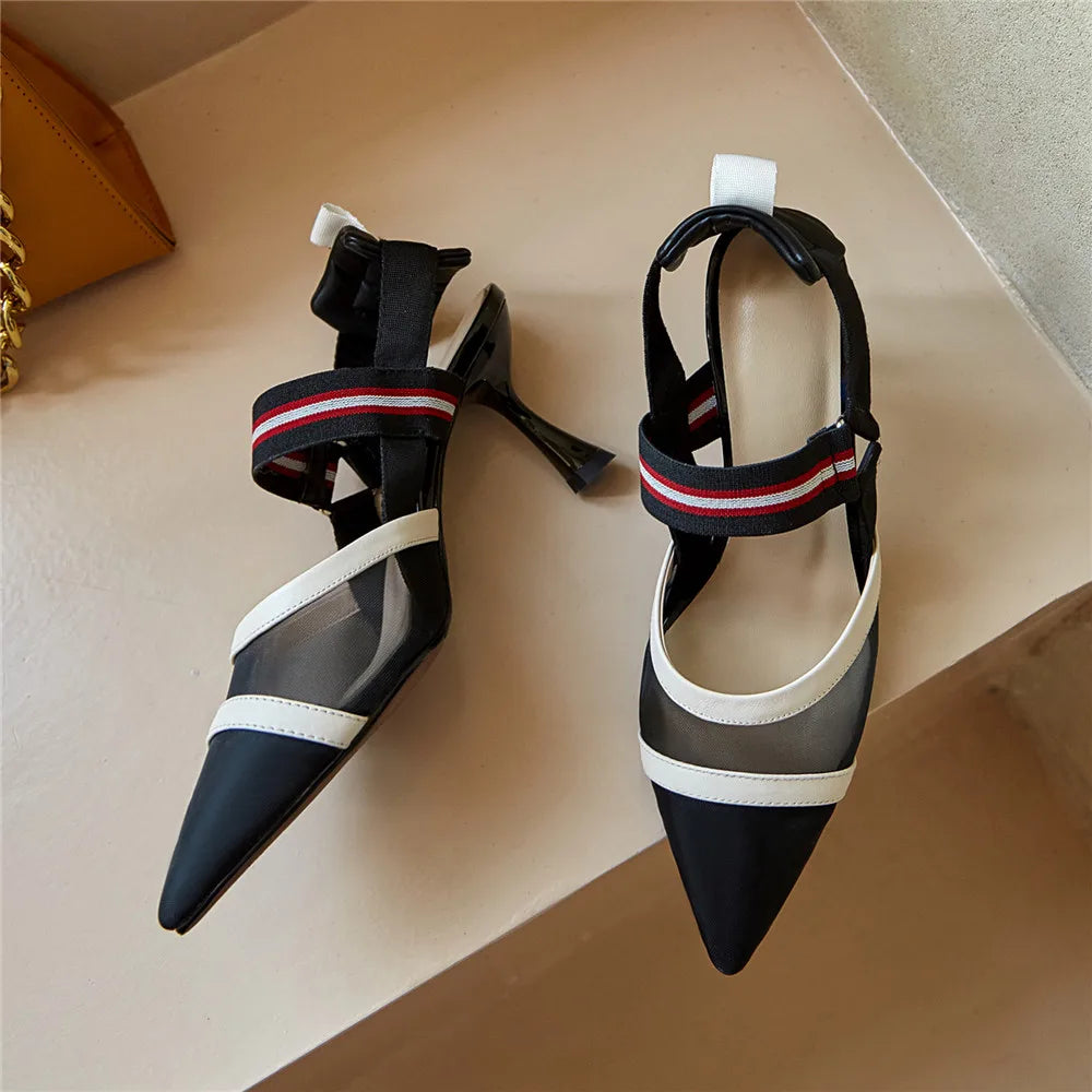 Aucegi Pointy Toe Thin High Heel Slingback Sandals Women Brand Design Elegant Genuine Leather Splicing Mesh Party Dress Shoes