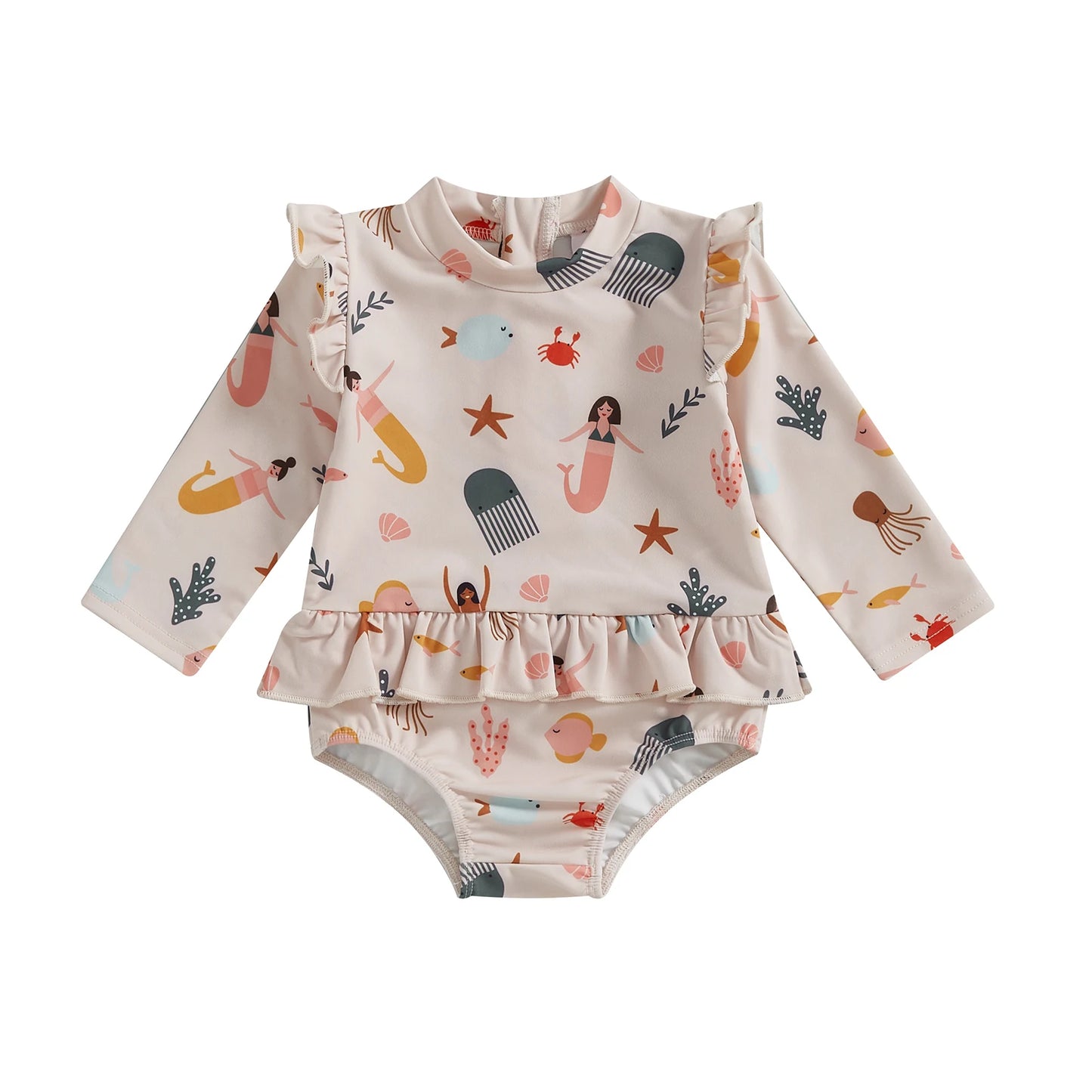 MISOWMNJOY Cute Baby Girls Long Sleeve Swimsuit Beachwear Ocean Elements Print Ruffle Toddler Infant Bathing Suit Swimwear