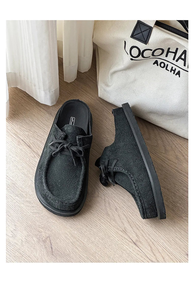 2025 Retro bag head lace-up leather one-pedal summer half slippers men and women couple cowhide shoes