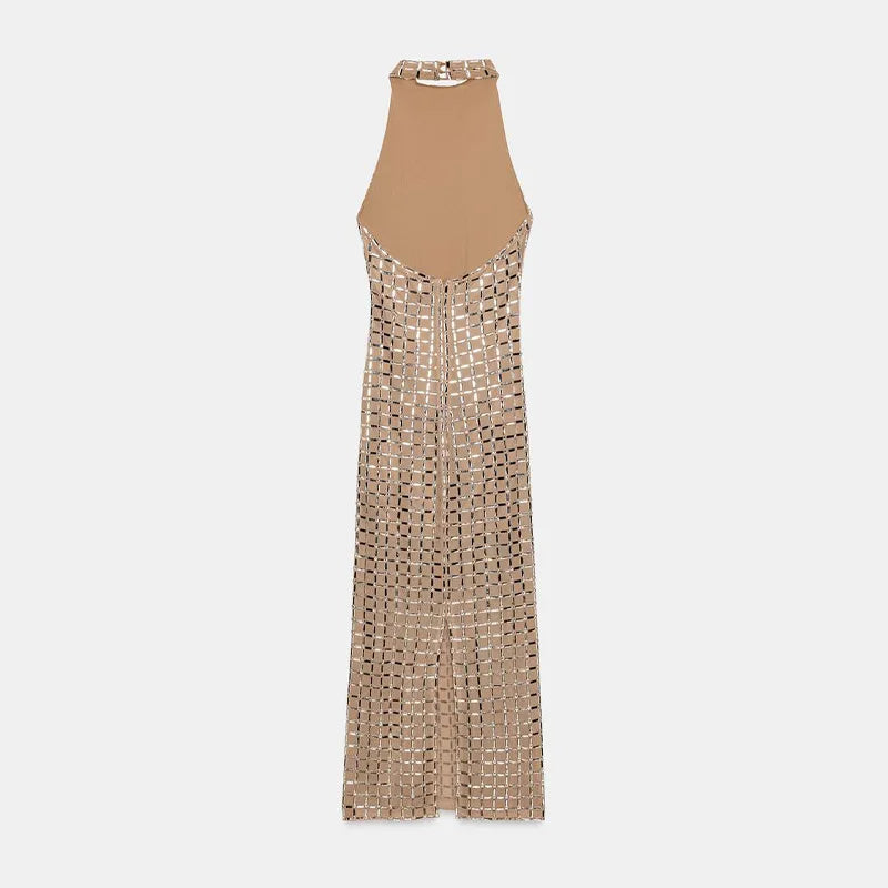 Sexy See Through Shinny Party Maxi Dress For Women O Neck Sleeveless Slim Fit Long Vestidos 2025 New Lady High Street Robes