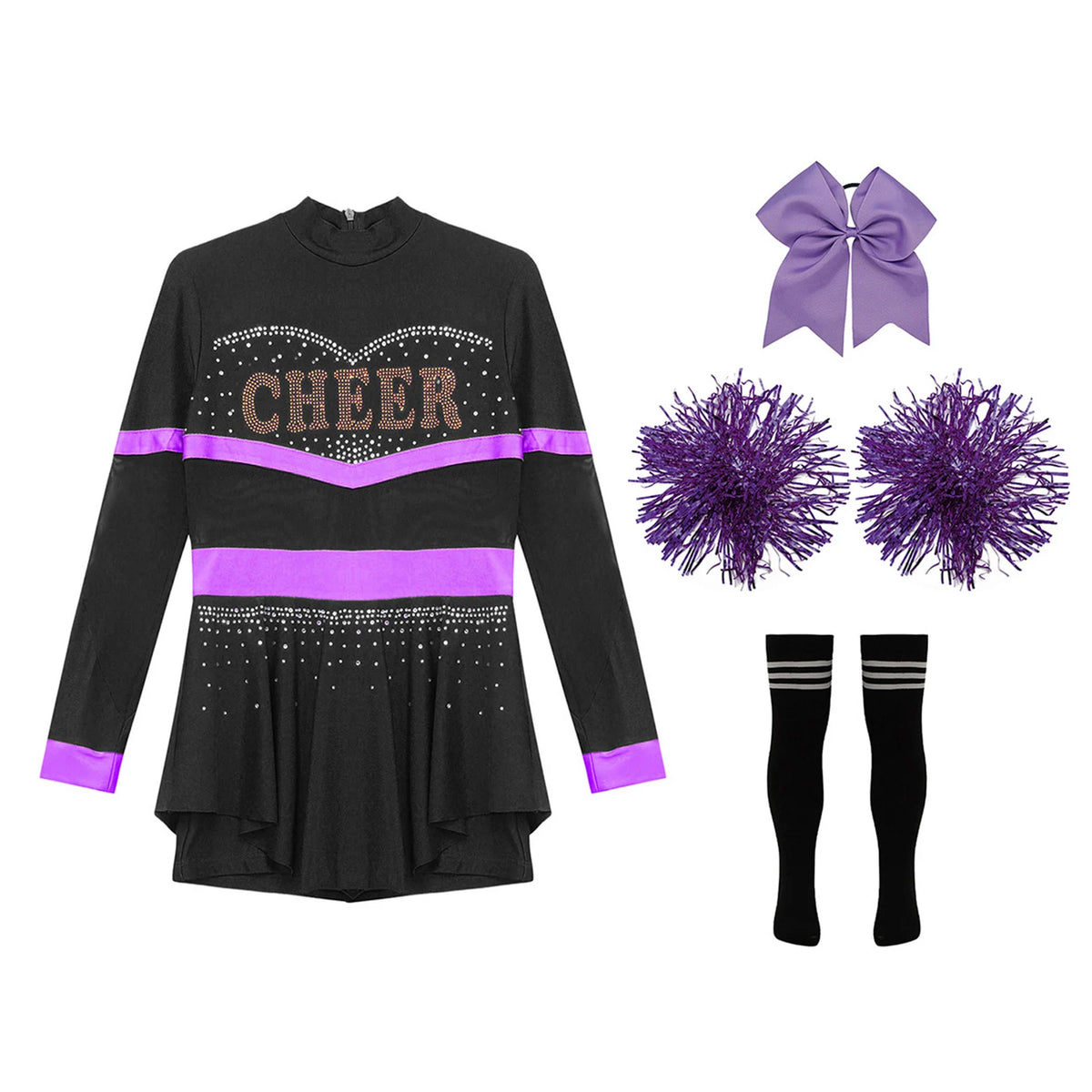 Girls Cheerleader Costume Long Sleeve Cheerleading Uniform Children Cheer Dance Dress Hand Flower Socks Stage Dancewear Sets