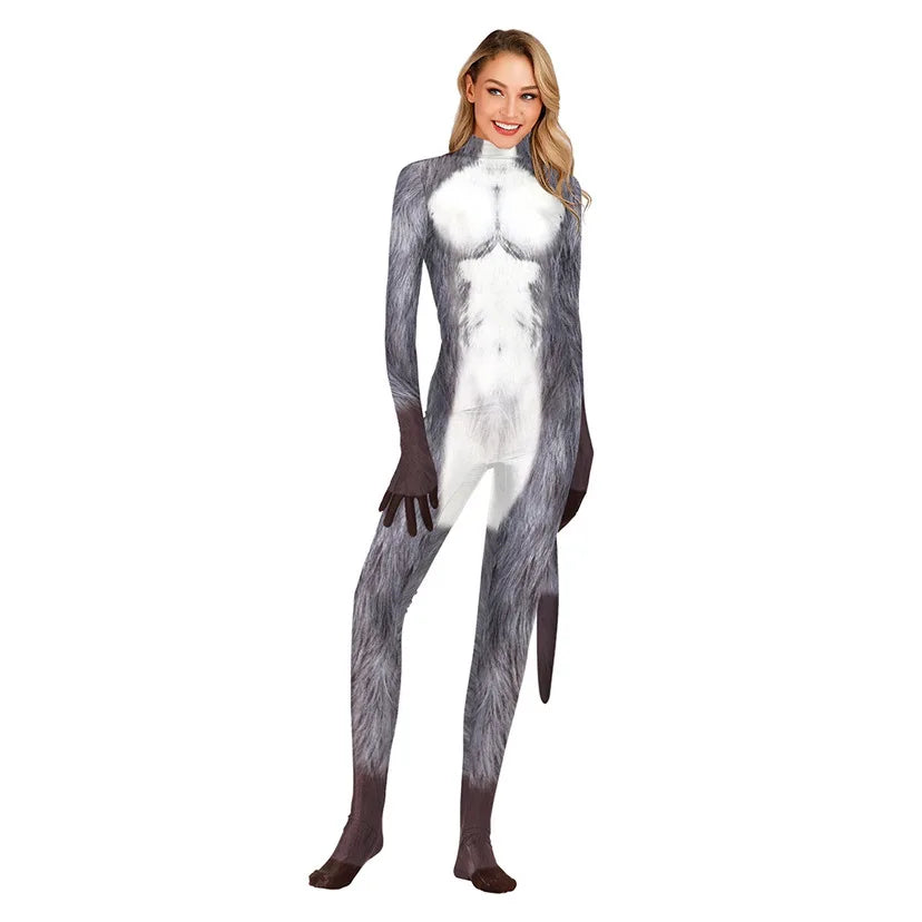 Halloween Costume  Adult Mens Wild Animal Cosplay Costume Full Cover 3D Print Beast Petsuit Jumpsuit Bodysuit Tail