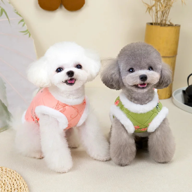 Vintage Pet Winter Warm Coat Puppy Clothes for Small and Medium Doggy Pomeranian Chihuahua Jacket With Flower Outdoor Clothing