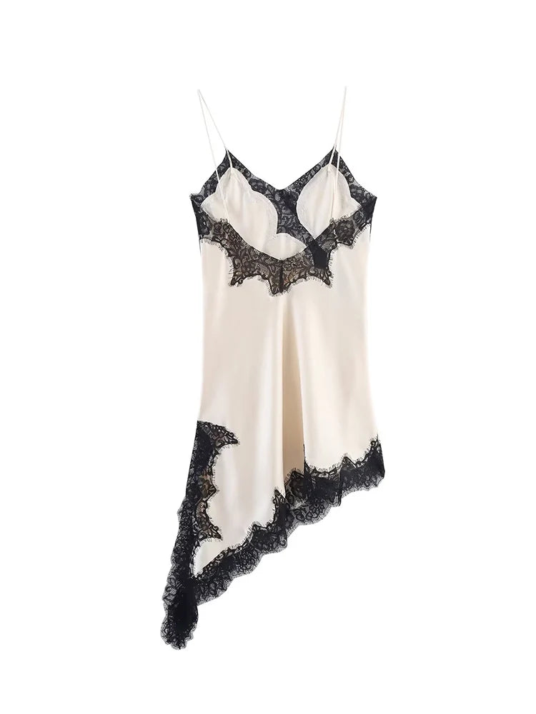 Women Satin Sexy Lace Spliced Sling Dress Sleeveless Backless Asymmetric Split Street Party Dresses 2025 Newest Lady Dress