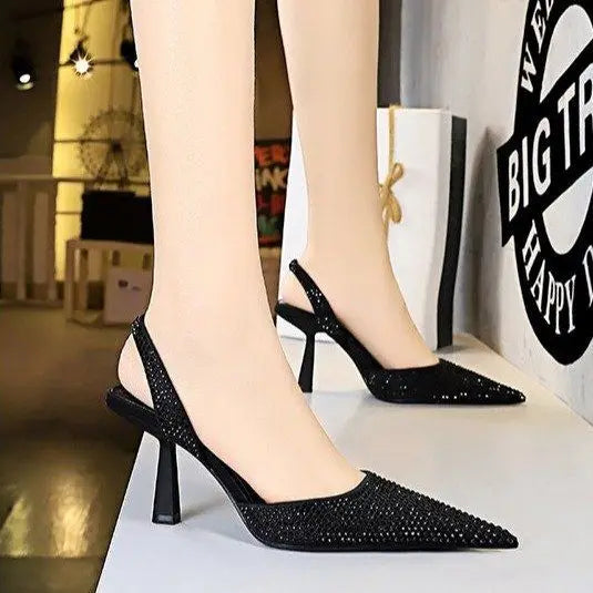 Gold Women Heels Sandals 2024 Summer Crystal Pointed Toe Female Stiletto African Party Rhinestone Shallow Slip on Heel Shoes