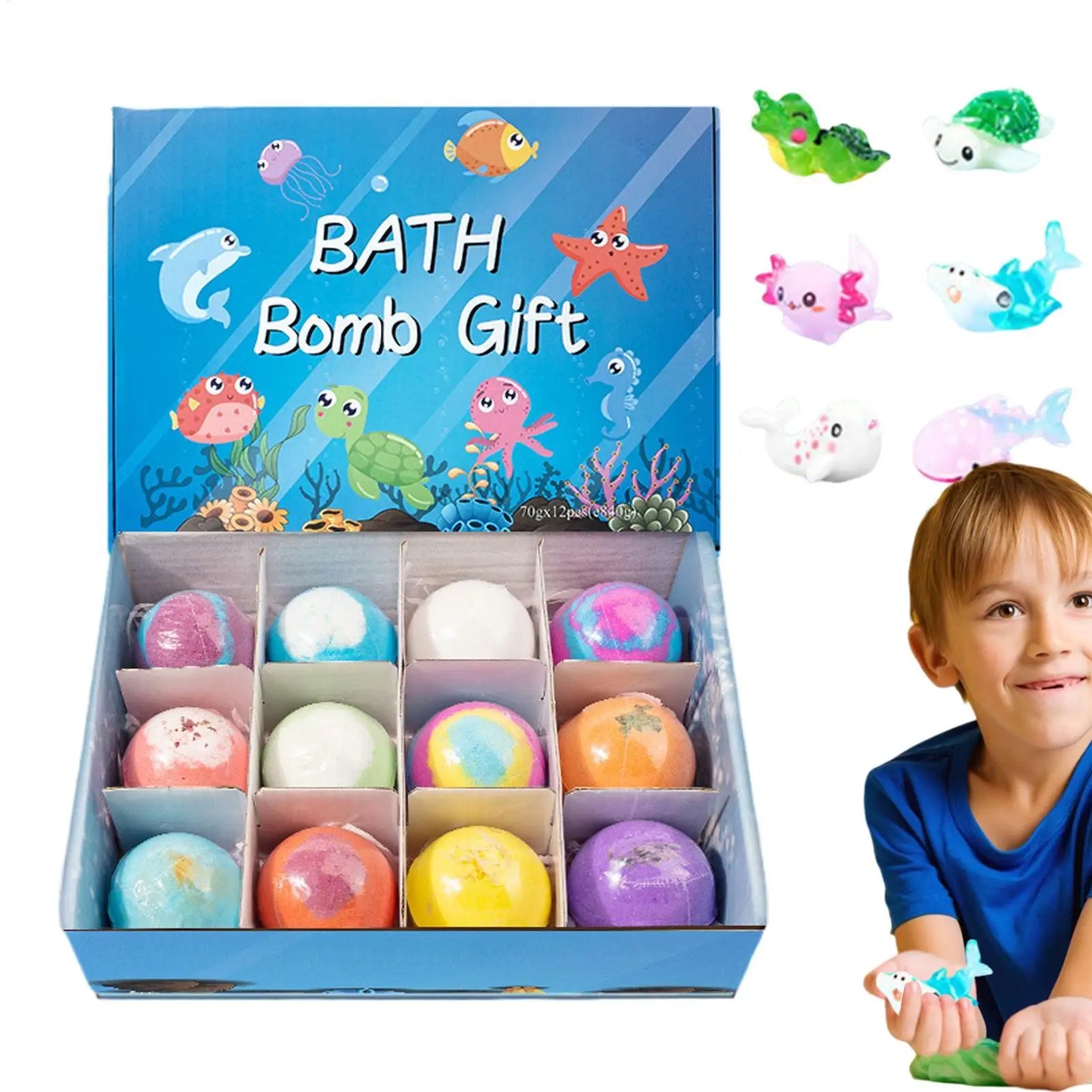 12Pcs Ocean Themed Bath Bombs Gift Set with Surprise Sea Animal Toys Inside Natural Bubble Bath Salt Balls for Kids Holiday Gift