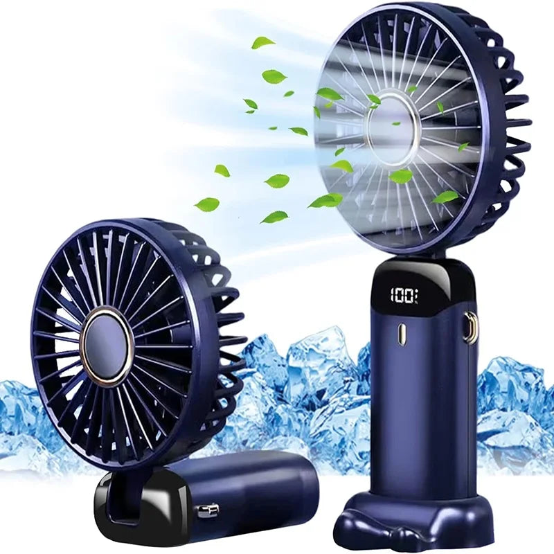 Handheld Mini Electric Fan Foldable Portable Neck Hanging Fans 5 Speed USB Rechargeable Fan With LED Display Screen Phone Stand