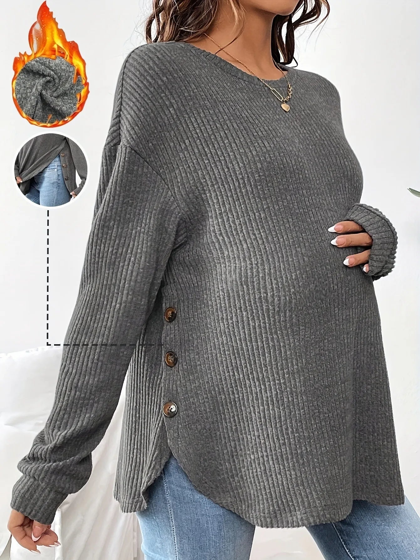 Pregnant Women's New Top For Autumn And Winter Casual Pullover Round Neck Long Sleeved Button Sweater