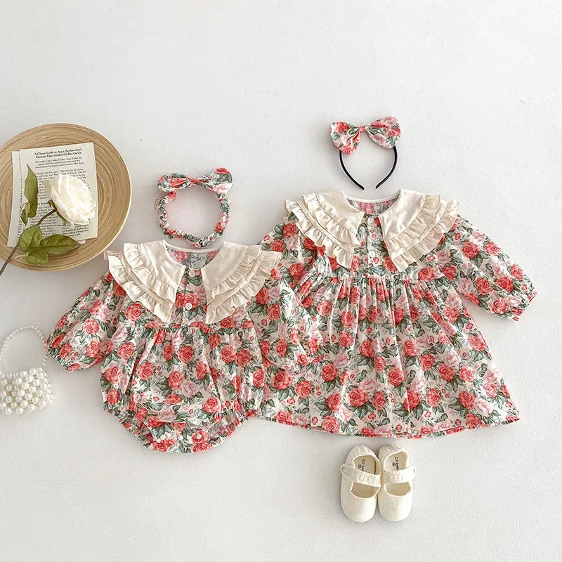 2025 New Spring Baby Sisters Dress 1-5Yrs Girl Party Dress Long Sleeved Cotton Rose Print Romper Sisters Kids Princess Dresses