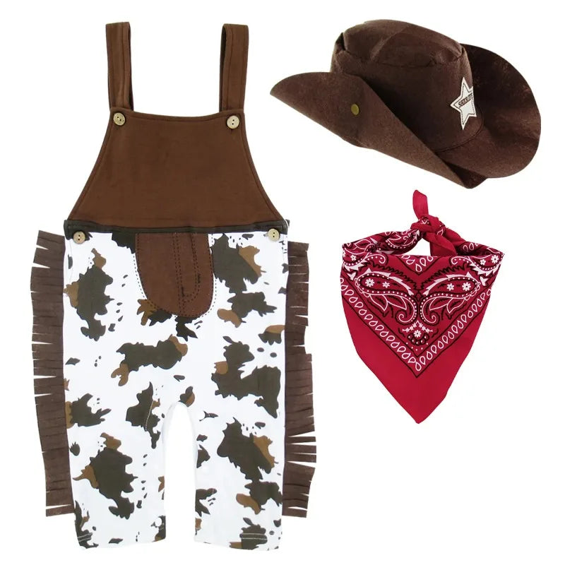 Baby Boys Western Cowboy Romper Sets with Scarf and Hat Toddler Carnival Fancy Dress Cosplay Party Costume Infant Outfitts