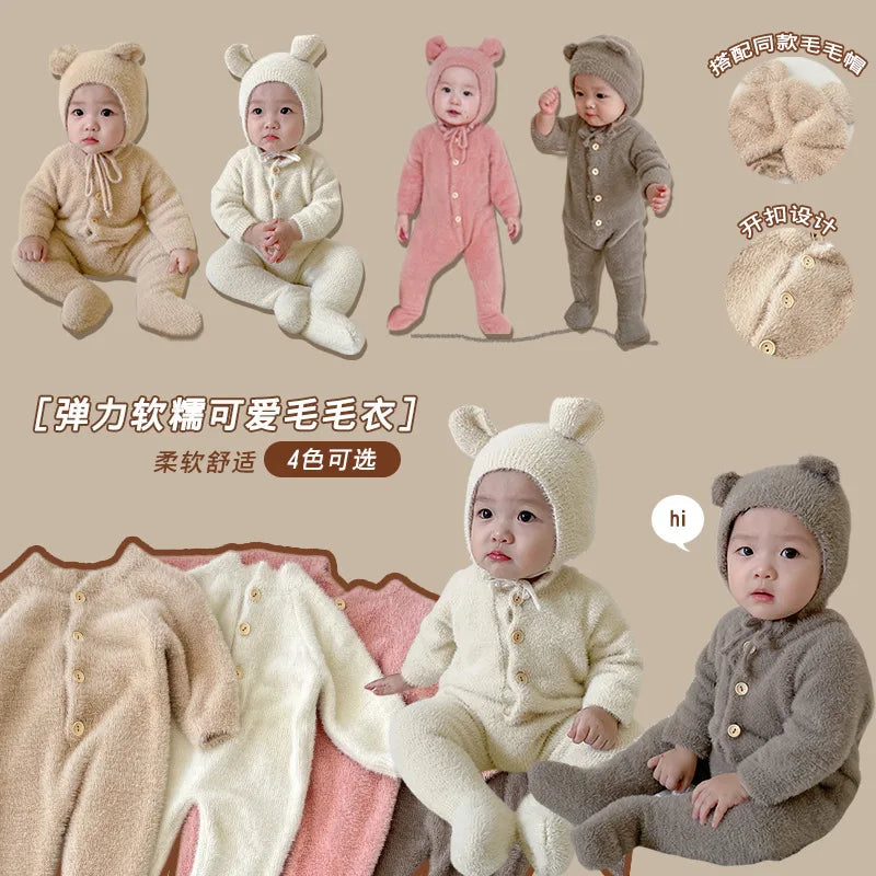 Baby Outfit Newborn Photography Props Mohair Knitted Bear Rompers Footed Jumpsuit Hat 2pcs/Sets Photography Clothing Accessories