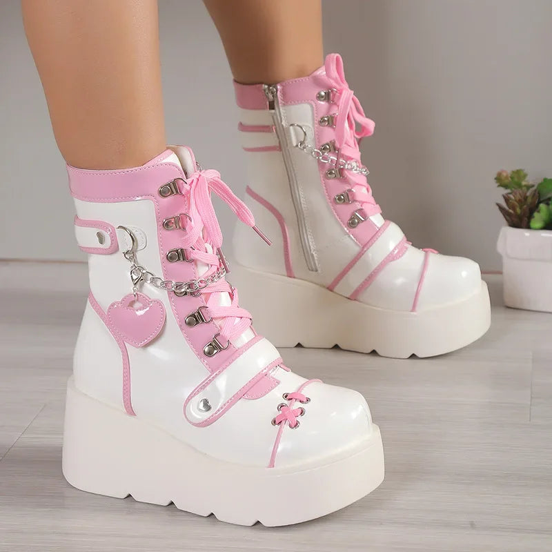 Women Punk Gothic Motorcycle Boots Autumn New Platform Chunky High Heel Ankle Boot Ladies Cool Wedge Woman Black Female Shoes