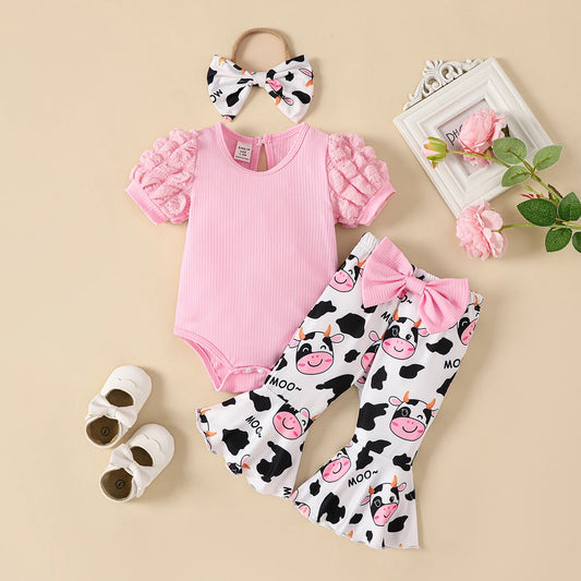 Baby Girl Pink Bodysuit, Cow-Print Flared Pants & Bow Headband Set