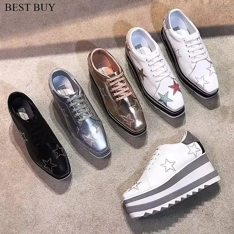 2024 Height Increasing Star Rivet Shoes Classic Platform Rose Gold sneakers Mix Color Square Toe Wedge Shoes Lace Up Lady Shoes