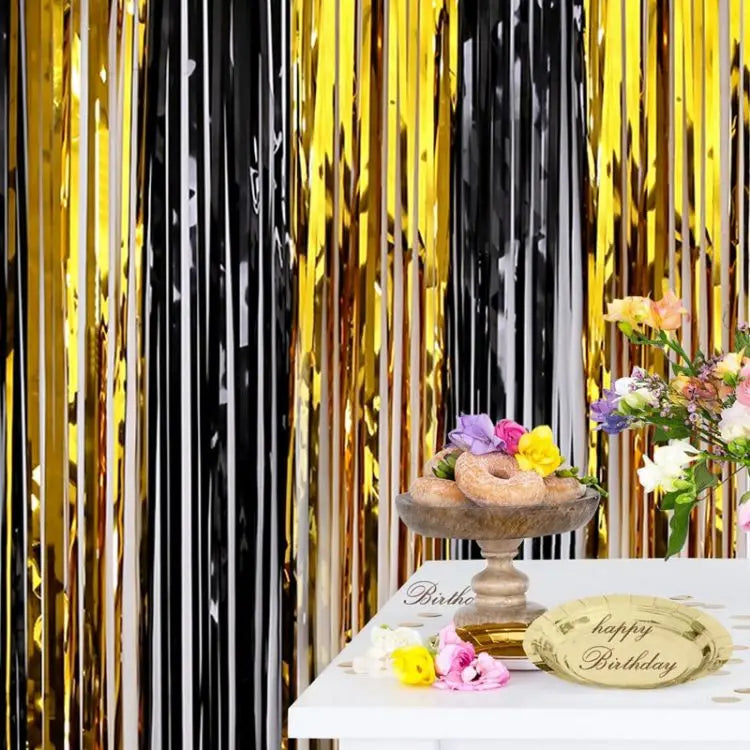 Birthday Party Decorations Backdrop Curtains Glitter Black Gold Tinsel Fringe Foil Curtain Background Wedding Adult Anniversary