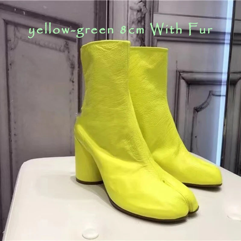 Split Toe Chunky Heels Ankle Boots Women Brand Designer Tabi Short Boots Autumn Winter INS Style Genuine Leather Female Shoes