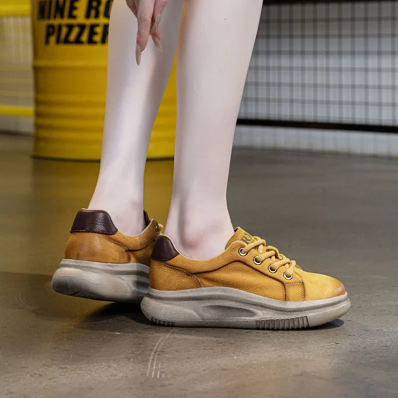 DRKANOL Spring Genuine Leather Casual Sneakers Women Thick Bottom Platform Lightweight Single Shoes Ladies Wedges Heel Shoes