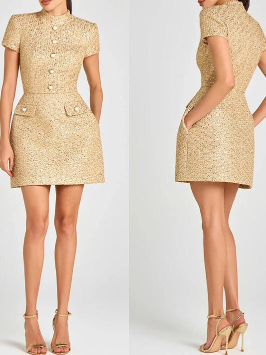 DFCF Elegant Dress for Women Fashion Vintage Short Sleeve Dresses Solid Button Stand Collar Mini 2026 New Spring Summer Dress