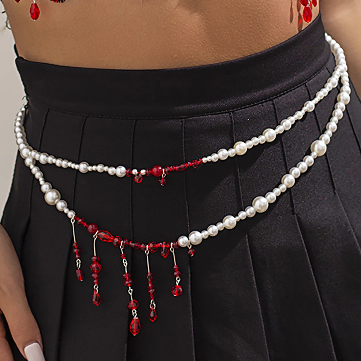 Salircon Punk Imitation Pearl Double Layer Waist Chain Gothic Red Crystal Bead Pendant Belly Chain Women Sexy Trend Body Jewelry