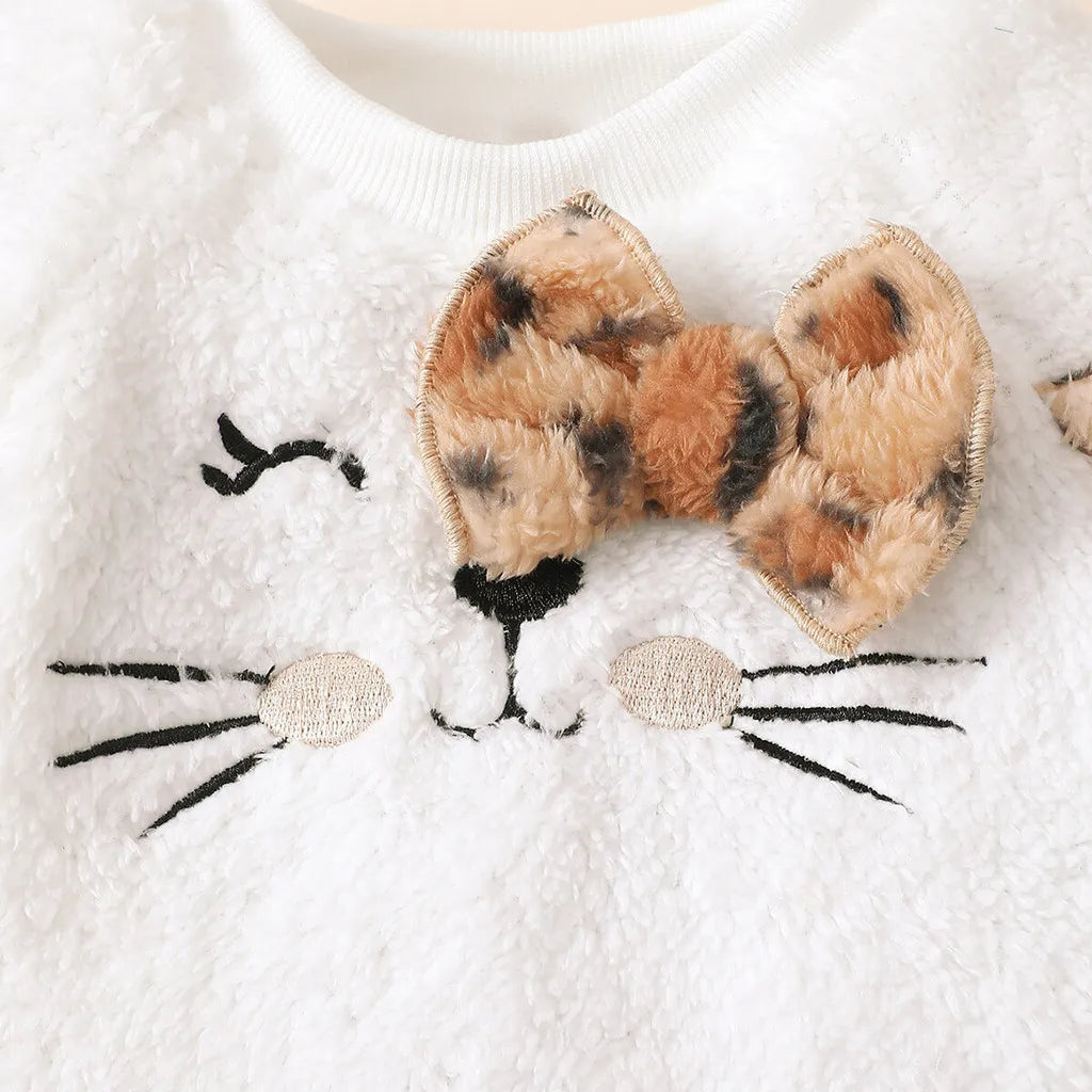 Winter 3PCS Baby Girl Clothes Sets Long Sleeved Plush Cute Top+Leopard Print Skirt+Hat Fashion Outfits for 0-3Years Toddler Girl