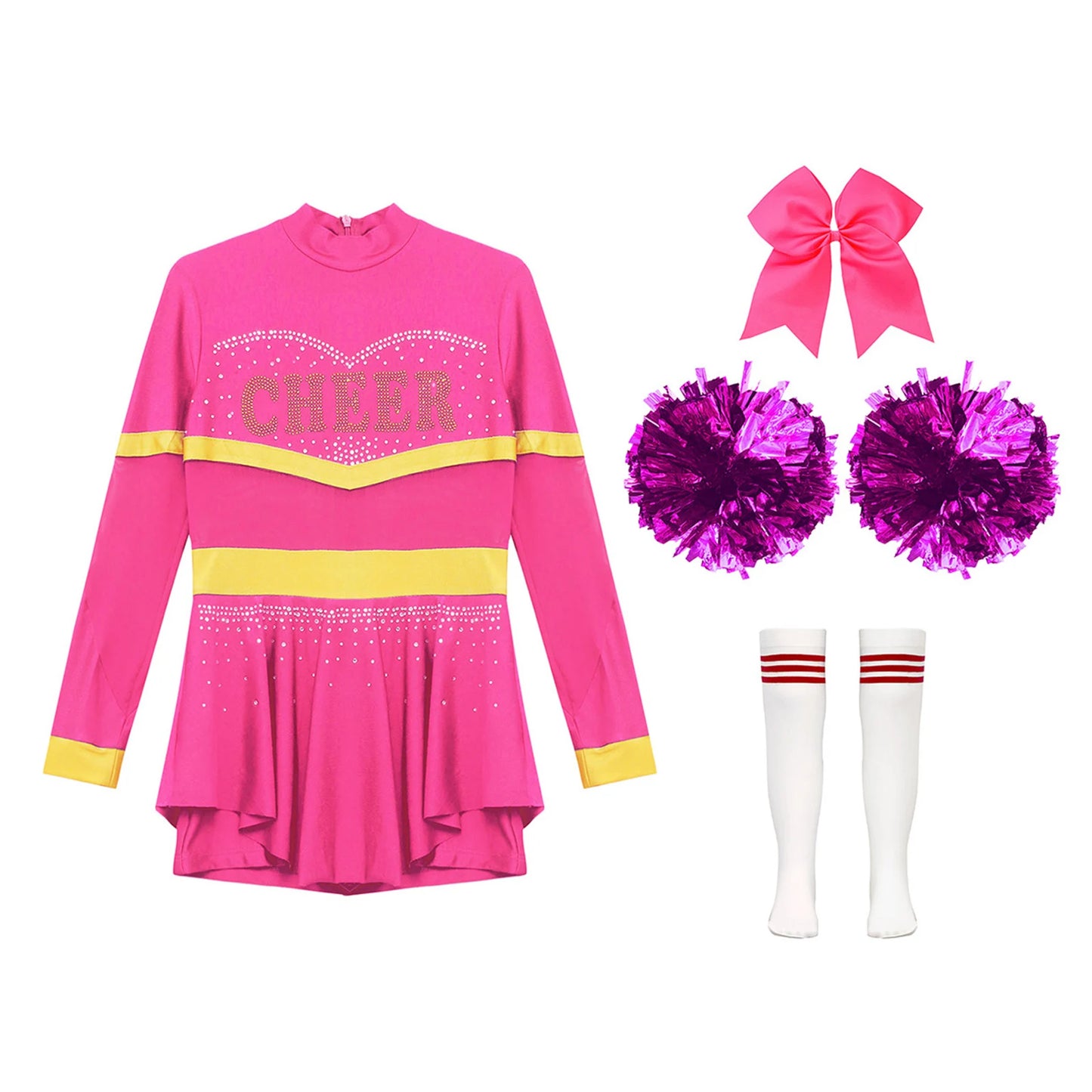 Girls Cheerleader Costume Long Sleeve Cheerleading Uniform Children Cheer Dance Dress Hand Flower Socks Stage Dancewear Sets