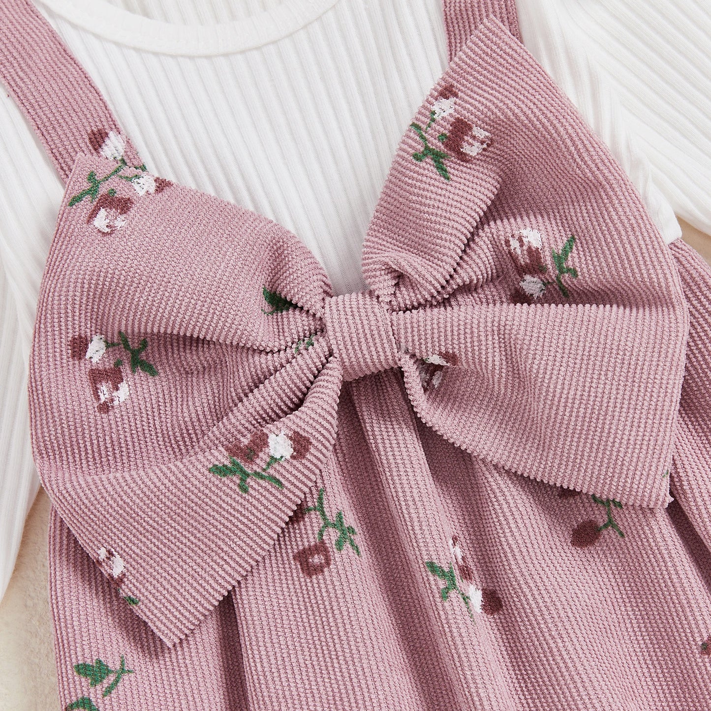 Sweety Baby Girls Long Sleeve Romper Floral Print Fake Two Pieces Patchwork Bow Jumpsuits Headband Set