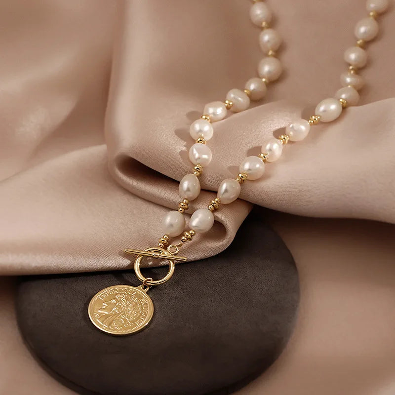Elegant Gold Coin Portrait Natural Big Baroque Freshwater Pearl Female Pendant Necklace Jewelry For Women Chains Birthday Gifts