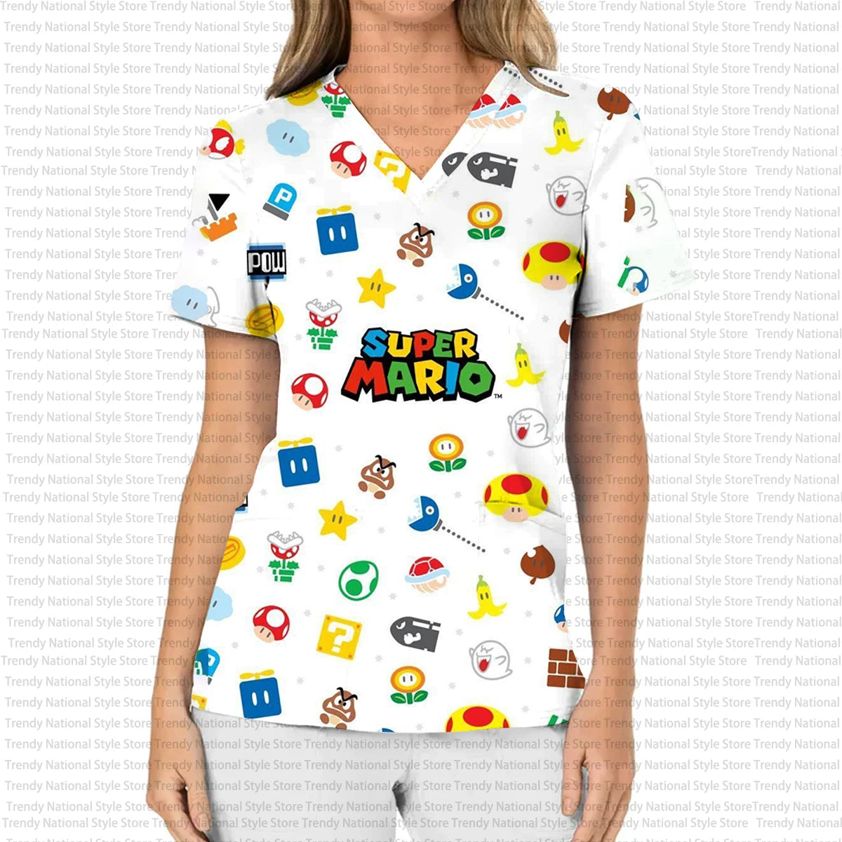 Women's Nursing Hair T-shirt, Nurse Uniform, Professional Medical Cartoon Print, Women's Nursing Wear, Work Veterinarian Top