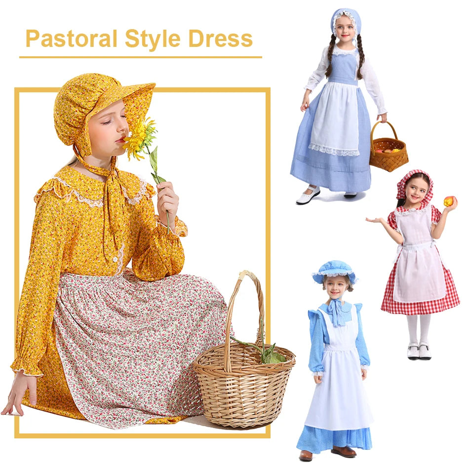 Frocks for Girls Kids Little Red Riding Hood Fairy Tale Drama Performance Costume Maid Suit Floral Pastoral Style Casual Dress