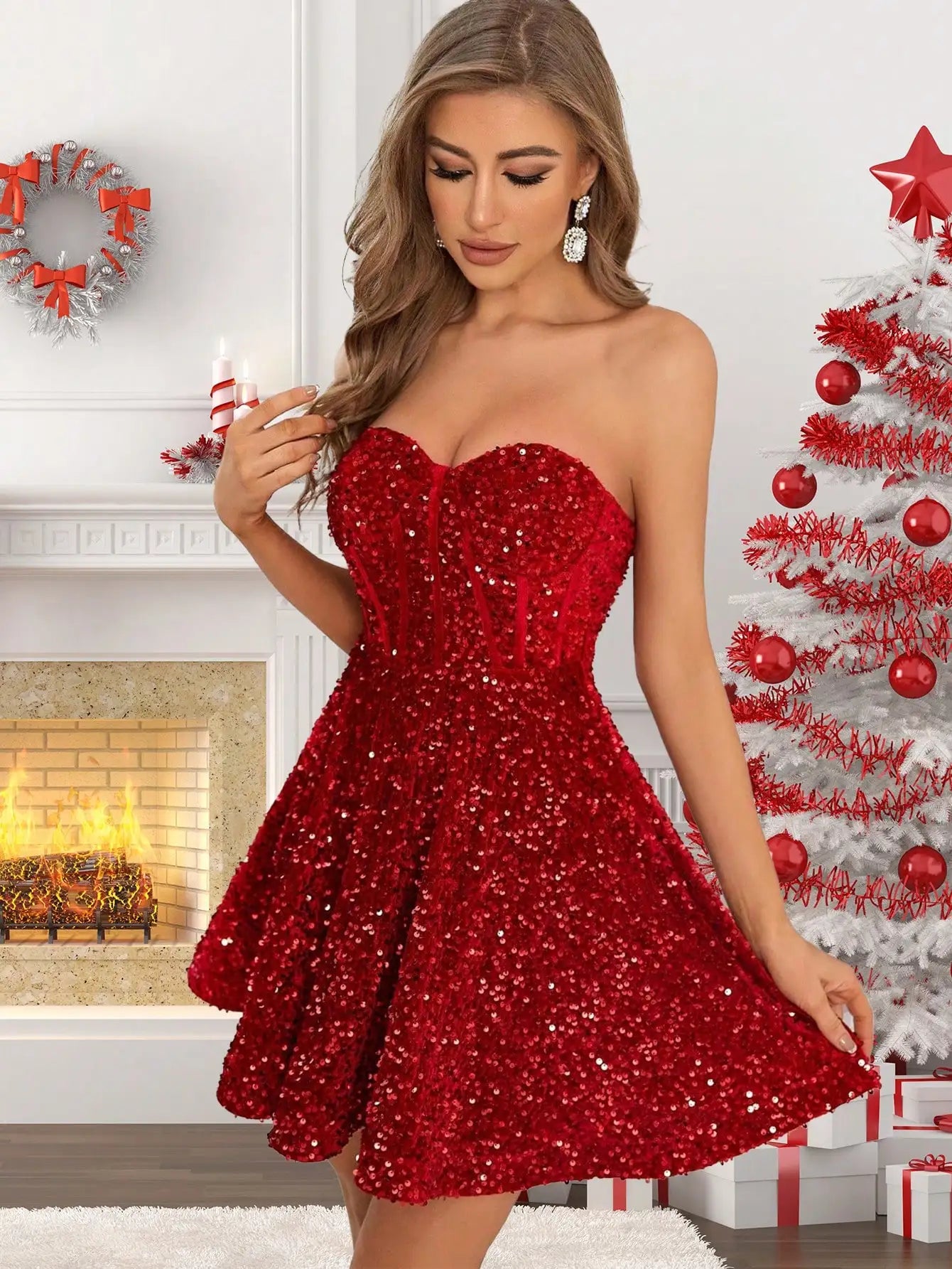 2025 Women's Sexy Red Party Dress - Strapless Sequin Cocktail Dress Elegant Evening Gown for Ball Prom Night