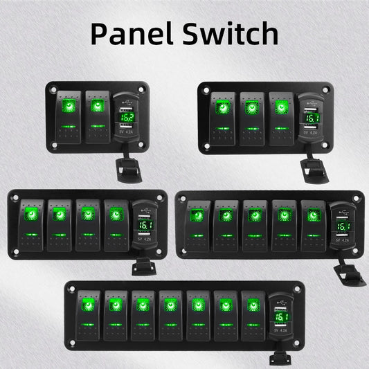 12V 24V DC 3/4/5/6/8 sets of marine control lever switch panel, with 4.8A dual USB charger voltage and sticker, green